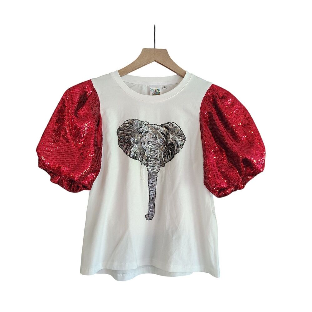 Queen of Sparkles Sequin Elephant Sz L Puff Sleeve Alabama Roll Tide Game Day